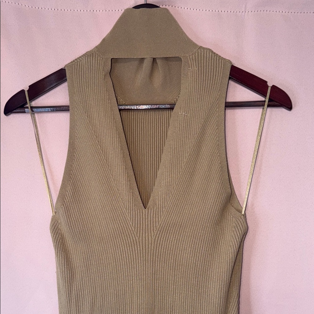 Sleeveless High-Neck Asymmetric Midi Dress in Camel - Picture 3 of 9